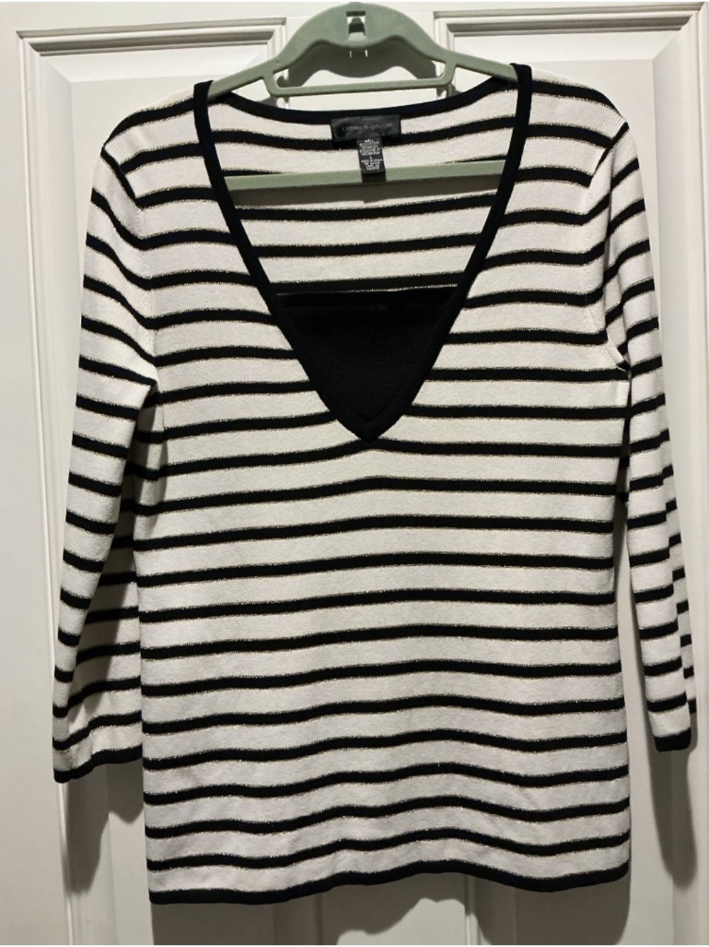 Cable & Gauge Black and White Striped V-Neck Top